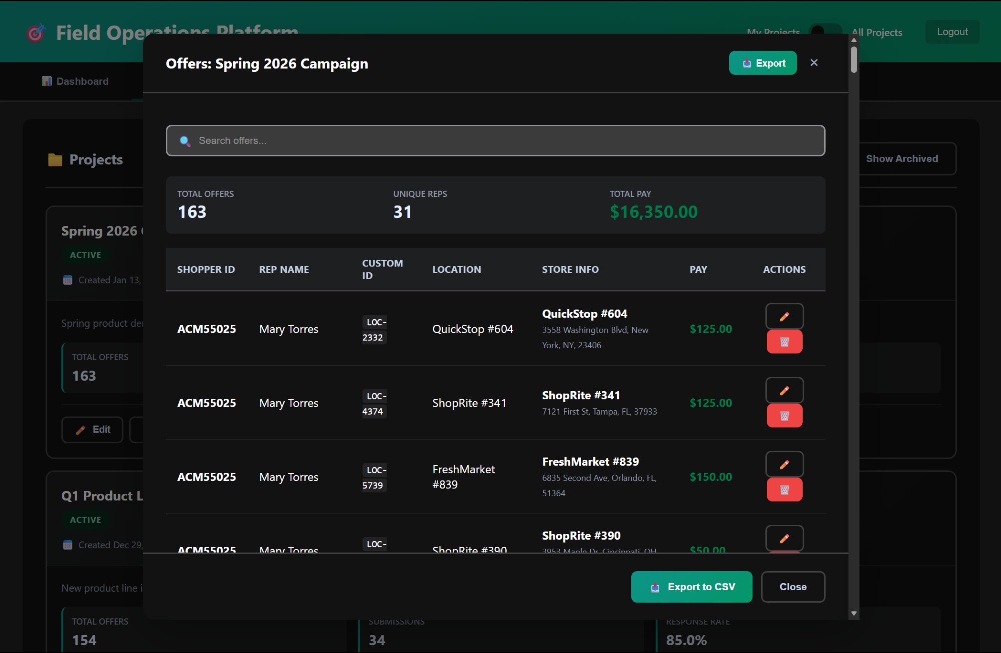 Location assignment detail showing individual store assignments with rep names, addresses, and pay rates