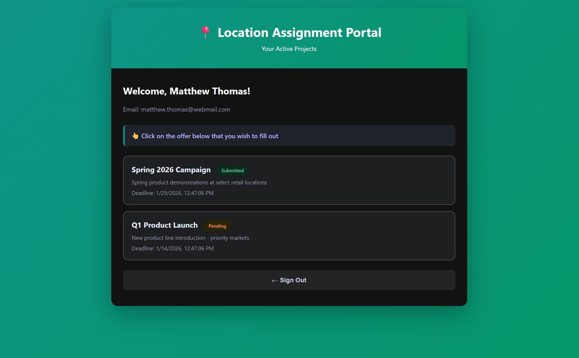Mobile-responsive rep portal showing active project campaigns with submission status badges