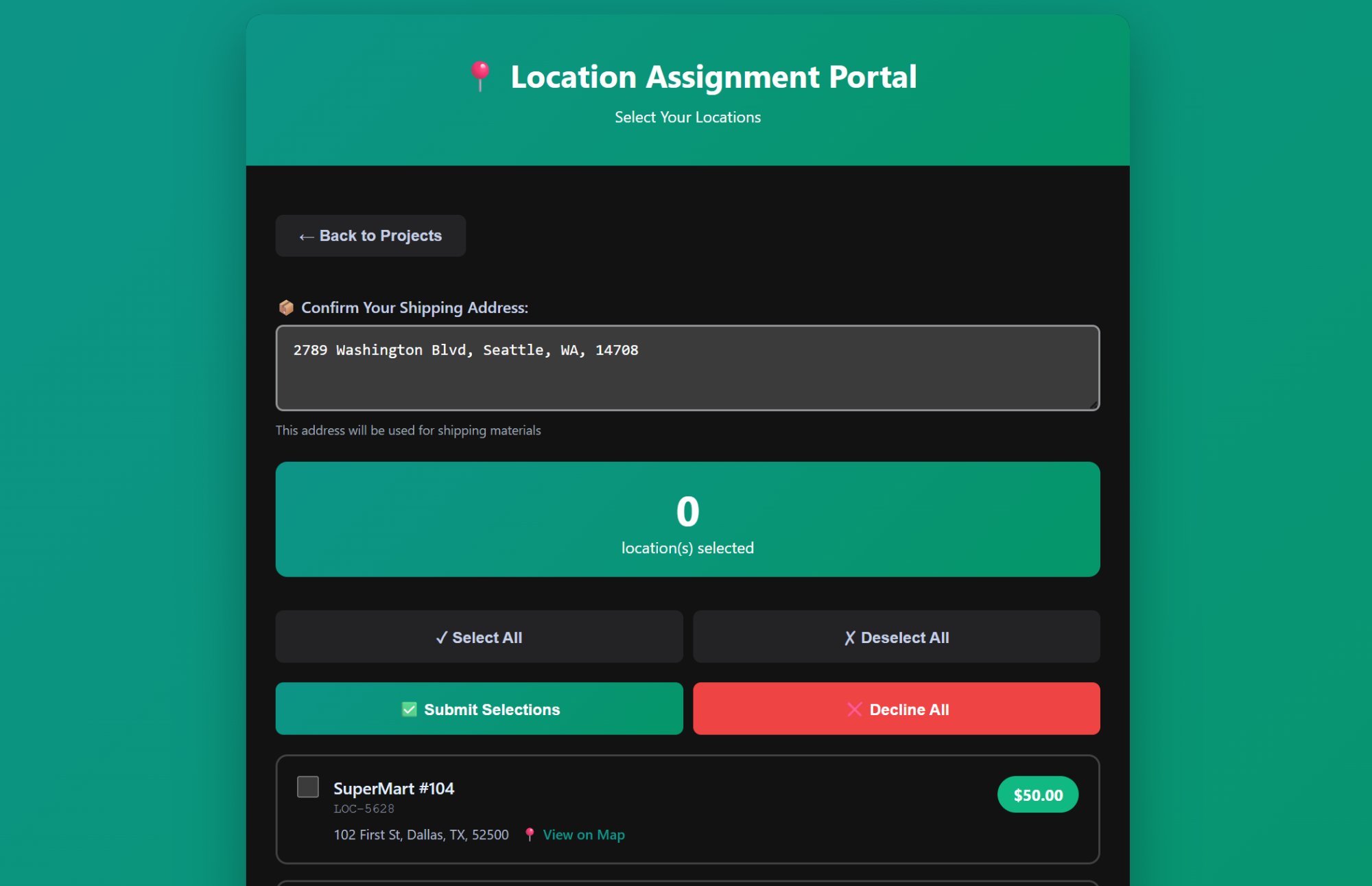 Location assignment selection portal showing store locations with pay rates and accept/decline controls